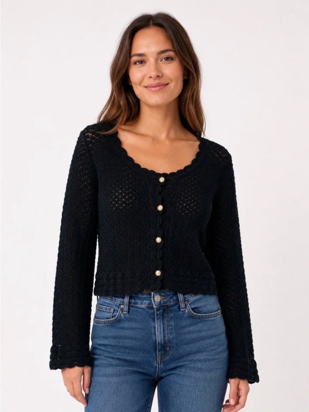 J. Crew Black Scalloped V-Neck Button Cardigan